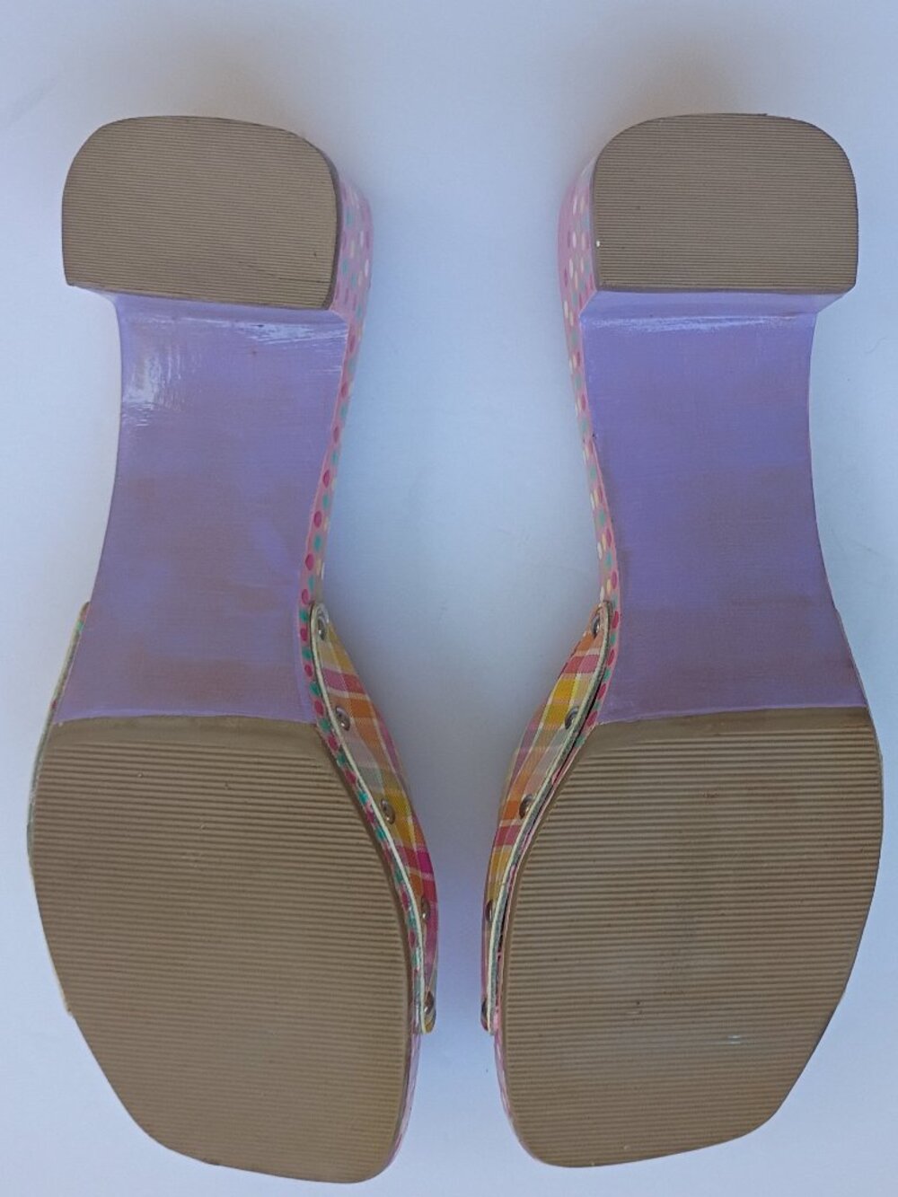 VINTAGE Painted Dr Scholl’s Original Wood Sandals Art Hand Painted Dots Size 7 - Picture 8 of 8